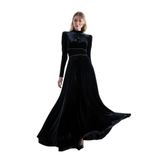 HOX'S Nun | Kristal Taşlı Şeritli Maxi Kadife Söz Nişan Elbisesi (Siyah, XL)