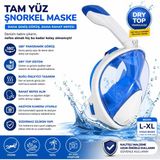 HpyTech 🌊 Tam Yüz Şnorkel Maske L-Xl Beden | Panoramik Görüş Dry Top Sistem Dalış & Deniz Maskesi | Anti-Fog Su Geçirmez Snorkel Seti - Mavi - Beyaz
