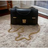 HR Leather Shop Gold Zincirli Kilitli Çanta - black-white