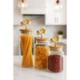 Hsc Bilişim 3'lü Bambu Kapaklı Metal Ginkgo Figürlü Şeffaf Cam Kavanoz Şeffaf Cam Saklama Kabı 635/890/1400ML - 001-Renkli