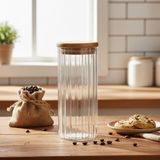 Hsc Bilişim Deconox Linie Serisi Bambu Kapaklı Borosilikat Cam Kavanoz - 350 ml Çizgili Vakumlu Baharatlık, Çay - 001-Renkli