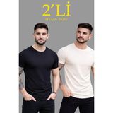 Hsc Bilişim Erkek 2'li Bisiklet Yaka Tişört – Kısa Kollu Yazlık Slim Fit Body - Siyah Ekru - Çok Renkli