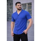 Hsc Bilişim Erkek Waffle Kumaş Kısa Kollu Düğmeli Açık Yaka Regular Fit Gömlek - Saks Mavisi - XL