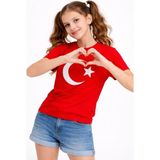 Hsc Bilişim Kız Çocuk Tişört Bisiklet Yaka Ay Yıldız Bayrak Baskılı T-Shirt - Kırmızı