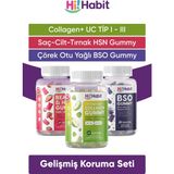 Hsn 1 Adet Saç, Cilt ve Tırnak Kolajen Tip1 - Tip3 - Bso 3 Adet Çörek Otu Yağı, Çinko Takviye Edici Gıda Gummy Set - Ahududu