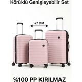 Hsr Körüklü(Genişleyebilen) Silikon Kırılmaz (Polipropilen) 3'lü Valiz Seti - Pembe
