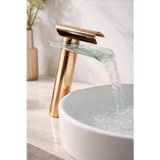 HT PRİMA Çanak Şelale Cam Lavabo Bataryası Rose Gold Tezgah Üstü Yüksek Gövde Modern Tasarım Cam Çıkışlı