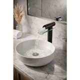 HT PRİMA Çanak Şelale Cam Lavabo Bataryası Siyah Tezgah Üstü Yüksek Gövde Modern Tasarım Cam Çıkışlı