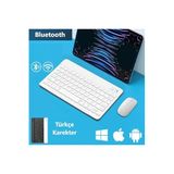 HTC 14 Pro 12" Tablet İçin Uyumlu Slim Şarjlı Türkçe Bluetooth Klavye ve Mouse Seti Beyaz