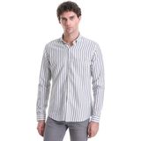 HTML Lacivert Slim Fit Çizgili Dik Yaka Pamuklu Uzun Kollu Casual Gömlek - XS