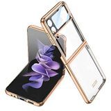 HTstore Galaxy Uyumlu Z Flip 4 Kılıf Kamera Korumalı Parlak Köşe Renkli Şeffaf Kapak (Gold)