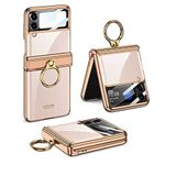HTstore Galaxy Uyumlu Z Flip 4 Kılıf Yüzüklü Lens Korumalı Taşıma Halkalı Kapak (Gold)