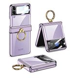 HTstore Galaxy Uyumlu Z Flip 4 Kılıf Yüzüklü Lens Korumalı Taşıma Halkalı Kapak (Lila)