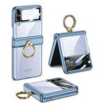 HTstore Galaxy Uyumlu Z Flip 4 Kılıf Yüzüklü Lens Korumalı Taşıma Halkalı Kapak (Mavi)