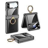 HTstore Galaxy Uyumlu Z Flip 4 Kılıf Yüzüklü Lens Korumalı Taşıma Halkalı Kapak (Siyah)