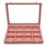 HUANGJIAVT Kadife takı saklama kutusu, cam kapaklı, pembe, küpe, kolye, bileklik, yüzük, seyahat tutucu, organizatör, kadınlar için