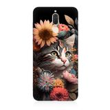 Huawei Mate 10 Lite Uyumlu Silikon Kılıf Çiçekler Ve Kül Gri Kedi
