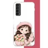 Huawei P Smart 2021 Uyumlu Kawaii Buket Tutan Kız Baskılı Silikon Kılıf