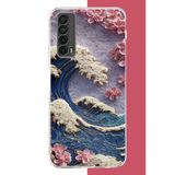Huawei P Smart 2021 Uyumlu Mavi Dalga Ve Pembe Çiçekler Baskılı Silikon Kılıf