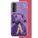 Huawei P Smart 2021 Uyumlu Mor Çiçeklerin Ardında Baskılı Silikon Kılıf