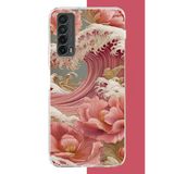 Huawei P Smart 2021 Uyumlu Pembe Çiçekli Dalga Baskılı Silikon Kılıf