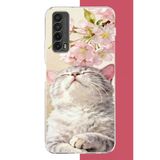 Huawei P Smart 2021 Uyumlu Pembe Yapraklı Kedi Baskılı Silikon Kılıf