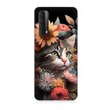 Huawei P Smart 2021 Uyumlu Silikon Kılıf Çiçekler Ve Kül Gri Kedi