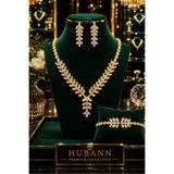 HUBANN Aurora Gold Markiz Kesim Zirkon Taşlı 3'lü Takı Seti Abiye Kolye Küpe Bileklik Rodyum Kaplama