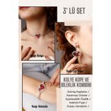 HUBANN Kırmızı Taşlı Kalp Desenli 3' lü Set Su Yolu Kolye, Küpe Ve Bileklik Taşlı Stylish Set