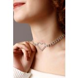 HUBANN Silver Kristal Taşlı Kalp Choker Kolye Parti Kolye Gelin Kolye Nişan Kolye Gümüş Kaplama