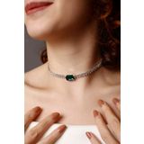 HUBANN Yeşil Baget Taşlı Choker Kolye, Stylish Taşlı Choker, Su Yolu Choker Kolye, Gerdanlık, Boyunluk Gümü
