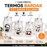 Hüco Bazaar 2'li Şirin Ayıcık Temalı Cam Pipetli Sızdırmaz Kapaklı Aç Kapa Cam Kupa Termos Bardak (500 Ml) - Şeffaf