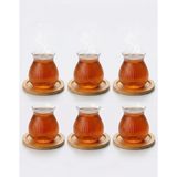 Hüco Bazaar 6'lı Çok Şık Borosilikat Bambu Bardak Altlıklı Çay Tabaklı Çay Bardak Takımı Seti (160 Ml) - Şeffaf
