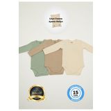 Huggy Mommy Premium Fitilli Kumaş %100 Organik Pamuk 3'lü Erkek Bebek Uzun Kol Body Zıbın Çıtçıtlı Badi Set