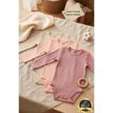 Huggy Mommy Premium Fitilli Kumaş %100 Organik Pamuk 3'lü Kız Bebek Uzun Kol Body Zıbın Çıtçıtlı Badi Set