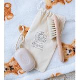Huglette %100 Doğal Keçi Kılı Bebek Saç Fırçası ve Doğal Keçi Sütlü Bebek Sabunu Saklama Keseli 3'lü Set