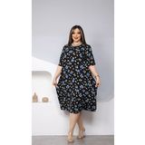 HÜLYA BUTİK KADIN SİYAH MAVİ ÇİÇEKLİ İKİ CEPLİ MİDİ ELBİSE