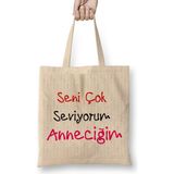 Humuts Anneler Günü Annelere Hediye 027 Bez Uzun Saplı Açık Bej Rengi Çanta