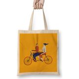Humuts Couple Riding A Bicycle Açık Bej Uzun Saplı Bez Çanta
