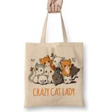 Humuts Crazy Cat Lady Kedi Açık Bej Uzun Saplı Bez Çanta