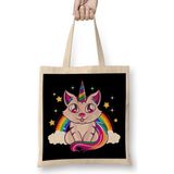 Humuts Cute & Funny Unicorn Cat Rainbow Kitty Magical Bez Çanta Uzun Saplı - Açık Bej - 40 X 40