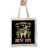 Humuts Cute Sloth & Llama Living My Best Life Sleepy Lazy Açık Bej Uzun Saplı Bez Çanta