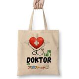 Humuts Doktor Doktora Hediye Açık Bej Uzun Saplı Bez Çanta