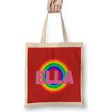 Humuts Ella-Name Personalized Custom-Vintage Retro Rainbow Style Design Gift Baby-Gift for Her Uzun Saplı Açık Bej Bez Çanta