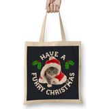 Humuts Have A Furry Christmas Cat Açık Bej Uzun Saplı Bez Çanta