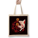 Humuts Japanese Art Cat Ninja Shinobi Samurai Fighter Warrior Sword Uzun Saplı Açık Bej Bez Çanta