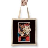 Humuts Japanese Art Cat Samurai Ninja Katana Warrior Kendo Sword Uzun Saplı Açık Bej Bez Çanta