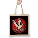 Humuts Japanese Flag Stork Crane Sakura Japan Art Nature Flowers Uzun Saplı Açık Bej Bez Çanta