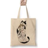 Humuts Kedi Geisha Cat Açık Bej Uzun Saplı Bez Çanta