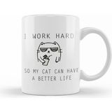 Humuts Kedi I Work Hard Cats Beyaz Kupa